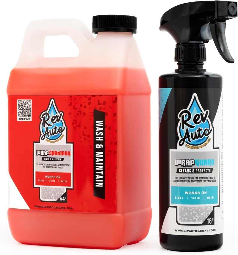Rev Auto Vinyl Wrapped Car Wash Kit - Includes 16oz Wrap Guard & 64oz Wrap Shampoo - Cleans, Protects & Maximizes Life of All Vinyl Finishes Including Gloss, Matte, Satin & Chrome - Image 1